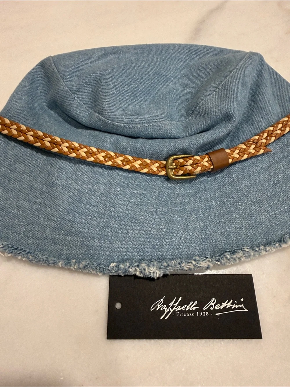 Light Blue Denim Bucket Hat with Braided Tan Leather Band